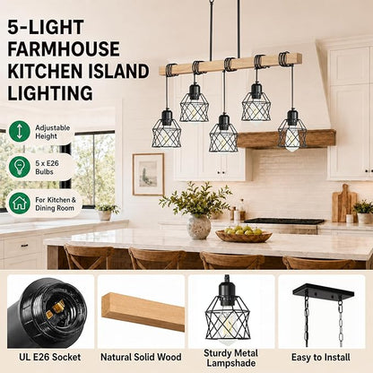 5 Light Farmhouse Kitchen Island Lighting,Dining Room Light Fixture,Adjustable Height Pendant,Real Wood and Black Metal Cage Chandelier for Kitchen,Dining Room