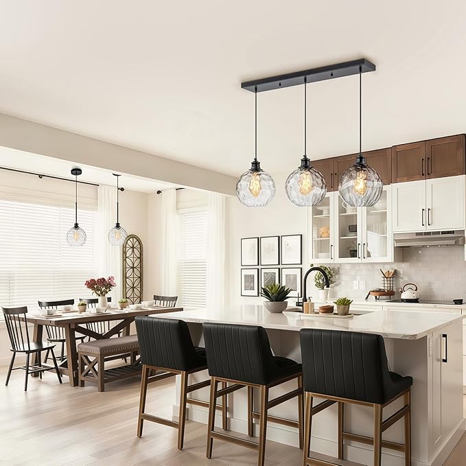 3 Light Pendant Lighting, Black Island Lights for Kitchen, 31.5" Globe Pendant Light with Clear Hammered Glass Shade, Adjustable Farmhouse Hanging Light Fixtures for Dining Room