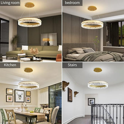 Modern LED Chandelier 1 Ring 19.7in Pendant Lighting for Kitchen Island 50W Dimmable LED Pendant Ceiling Light Gold Hanging Light with Remote for Kitchen Dining Room Bedroom Living Room