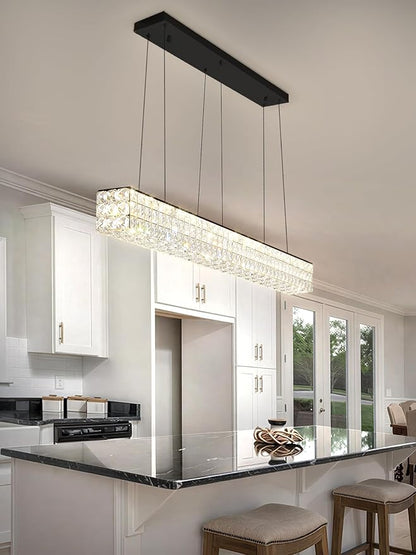 ykolupty 48inch Black Linear Crystal Chandelier, Modern Rectangular Crystal LED Pendant Light,Linear Crystal Chandelier for Dining Room Kitchen Island Living Room