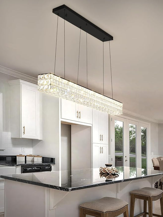 ykolupty 48inch Black Linear Crystal Chandelier, Modern Rectangular Crystal LED Pendant Light,Linear Crystal Chandelier for Dining Room Kitchen Island Living Room