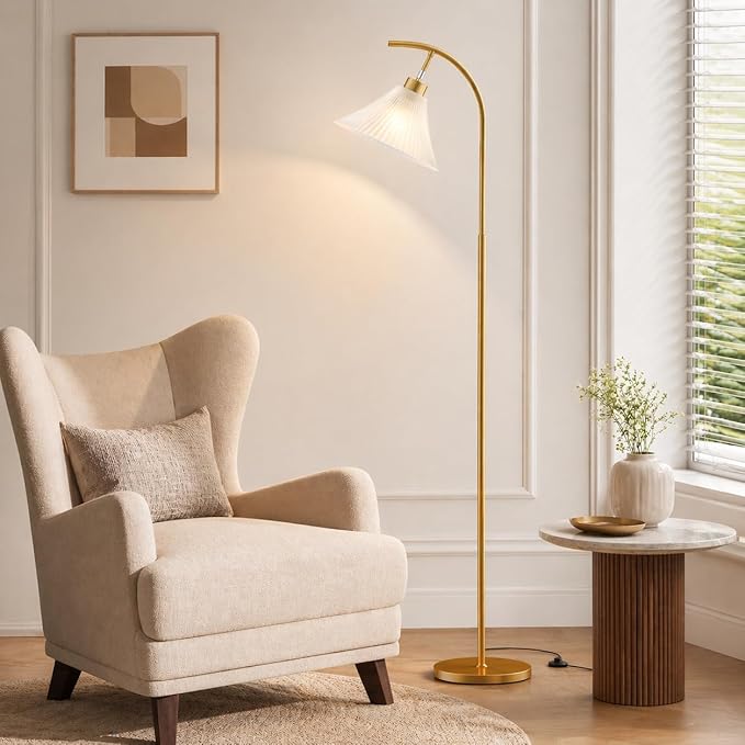SIBRILLE Gold Floor Lamp with Remote, Dimmable Glass Arc Standing Lamp, Ribbed Frosted Glass Shade, 3 Color Temperatures, Foot Switch, 9W LED Bulb for Living Room Bedroom Office