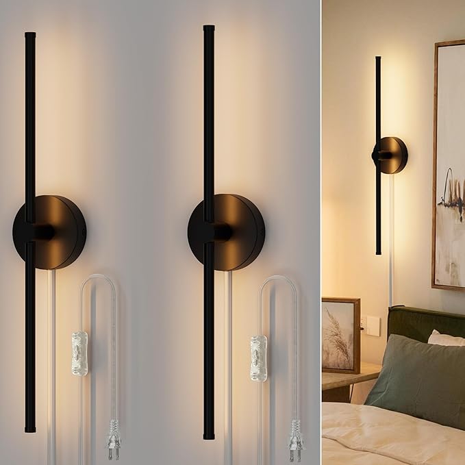 ZAGO Plug in or Hardwired Linear Wall Sconce: 24 Inch LED Indoor Modern Linear Wall Lights Set of Two with On/Off Switch, 5CCT Switchable, Matte Black, Dimmable for Living Room, Bedroom, Hallway