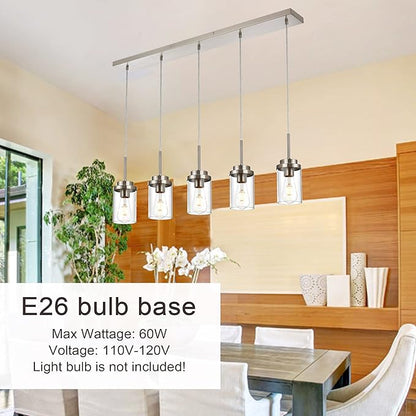 MELUCEE 5 Lights Kitchen Island Lighting Modern Linear Chandeliers for Dining Room, Industrial Brushed Nickel Pendant Light Fixtures Ceiling Hanging with Clear Glass Shade, 37.0 Inches Length