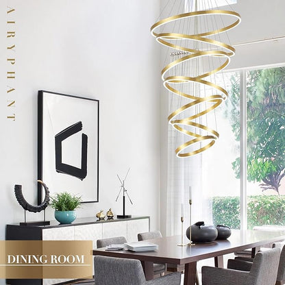 High Ceiling Brushed Gold Ring Chandeliers 7-Ring LED Chandelier Dimmable Modern LED Chandeliers 31" Large Foyer Chandelier Entryway Living Room Staircase, 3000K-6500K