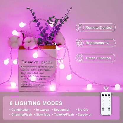 JMEXSUSS 100 LED Pink String Lights Indoor,33 ft Connectable Globe Pink Lights Plug in, 8 Mode Fairy Valentine Light with Remote for Bedroom Girl Room Anniversary Party Valentines Day Decorations