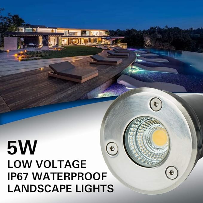 Low Voltage Landscape Lighting,LED Well Light Outdoor 12-24V AC/DC In-Ground Lights IP67 Waterproof Warm White Paver Lights with Wire Connector for Pathway,Fence (5, watts)