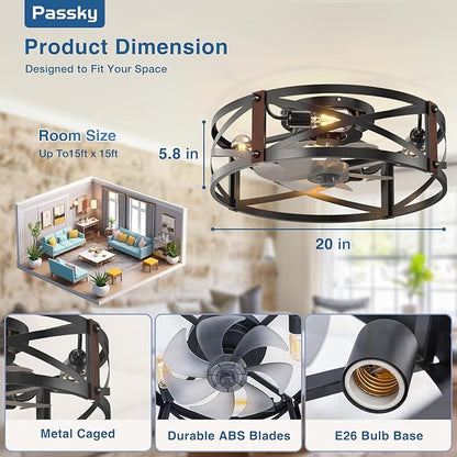 Passky 20" Farmhouse Flush Mount Ceiling Fans with Lights and Remote, Industrial Black Caged Low Profile Fandelier, 6 Speeds Bladeless Ceiling Fan for Bedroom, Kitchen, Living Room