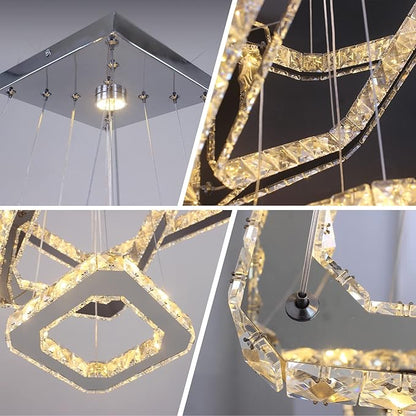 Modern Crystal Chandelier LED Ceiling Light, Square 3-Ring Height Adjustable 47W K9 Crystal Pendant for Dining Room, Living Room, Bedroom, Foyer, Warm White 3000K