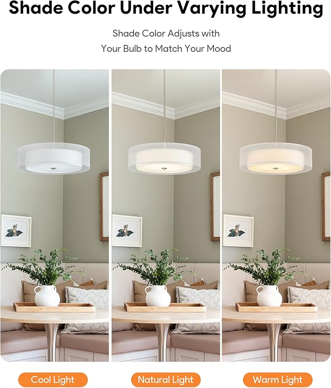 VONLUCE Drum Chandelier, 20.1" 3-Light Modern Chandelier with 2-Tier Fabric Lampshade, Modern Ceiling Light Fixture for Dining Room Bedroom Living Room with E26 Sockets, Nickel Finish, ETL Certified
