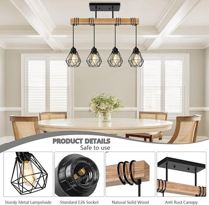 4-Lights Farmhouse Wood Kitchen Island Lighting, 23.6'' Dining Room Light Fixtures Chandelier Over Table, Rustic Black Cage Pendant Lights Ceiling Hanging for Pool Table, Living Room, Hallway