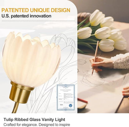Bathroom Light Fixtures, 3-Light Gold Vanity Light Fixtures with White Tulip Glass Shades, Bathroom Lighting Fixtures Over Mirror for Bedroom, Living Room & Hallway (Bulbs Not Included)