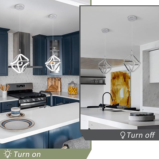 Modern Pendant Light Fixtures,6000K Cool White Chrome Led Pendant Lights for Kitchen Island,Adjustable Kitchen Island Hanging Light Fixture for Dining Room Bedroom Sink, 1 Pack