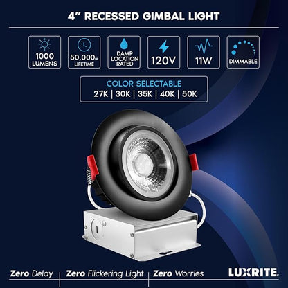 LUXRITE 4 Inch Gimbal LED Recessed Light with Junction Box, 11W=75W, 5CCT Color Selectable 2700K-5000K, Adjustable Swivel LED Eyeball Lights, 1000LM, Dimmable, Damp Rated, ETL Listed, Black