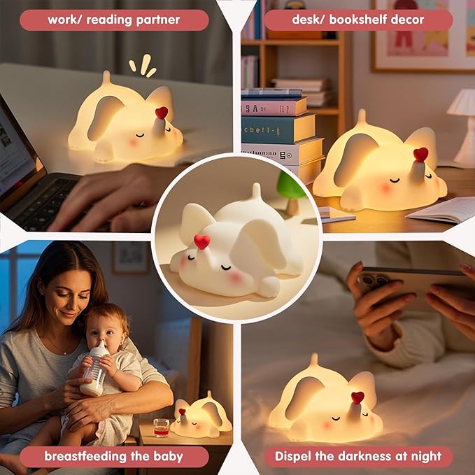 YR YRHH-PET Sweet Heart Elephant Night Light, LED Squishy Novelty Animal Cute Lamp, Food Grade Silicone Nightlight, Dimmable Light Up Elephant Decor for Room College, Boys Girls White Elephant Gifts