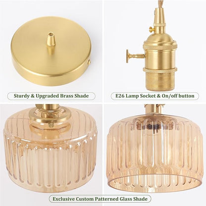 Shenmoyl Pendant Light with Amber Striped Glass Lmapshade, Brass Vintage Pendant Light Adjustable Hanging Light for Kitchen Island Dining Room Hallway