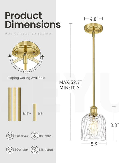 zeyu Glass Pendant Light Kitchen Island, Single Pendant Light, Gold Vintage Hanging Lamp with Clear Hammered Glass, Brushed Gold Finish, ZJF63MIL-L BG