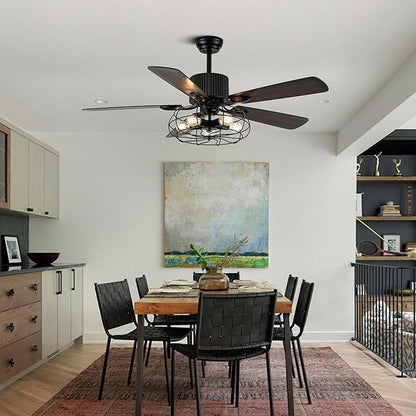 52" Farmhouse Ceiling Fans with Lights and Remote,Industrial Caged Rustic Retro Chandelier Ceiling Fan with Reversible Motor,5 Double Colour Blades for Dining Room Living Room Bedroom