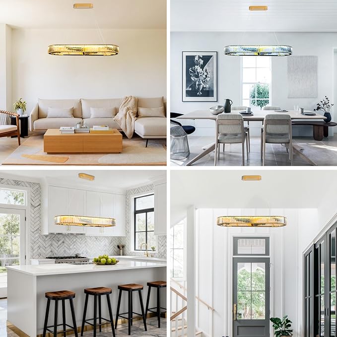 Luxury Crystal Chandelier, Modern Rectangular LED Pendant Light for Kitchen Island Dining Room, 40 Inch, No Assembly Required