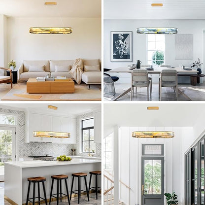 Luxury Crystal Chandelier, Modern Rectangular LED Pendant Light for Kitchen Island Dining Room, 40 Inch, No Assembly Required