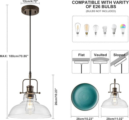 WILON Pendant Lights Kitchen Island Lighting, 11" Rust-Coloured Farmhouse Hanging Light Fixture, Kitchen Pendant Lighting Over Island Clear Glass Shade for Dining Hallway Entryway Bar