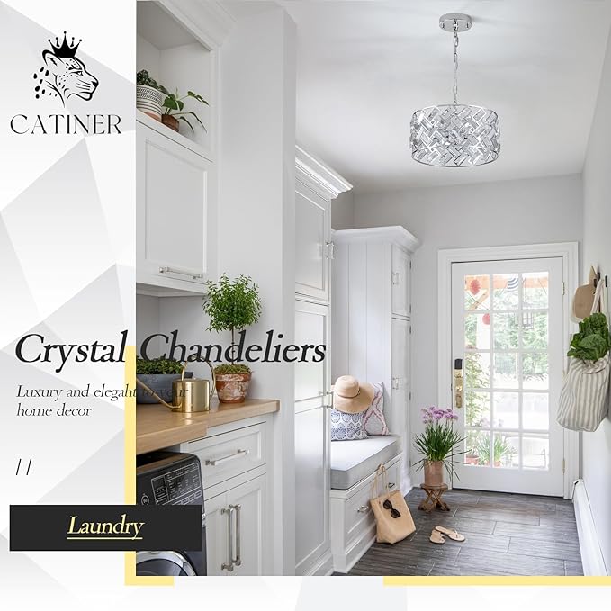 CATINER Chrome Crystal Chandeliers, 4-Light Modern Semi Flush Mount Ceiling Light, D12'' Small Round Crystal Hanging Pendant Light Fixtures for Dining Room Kitchen Island Entryway Hallway