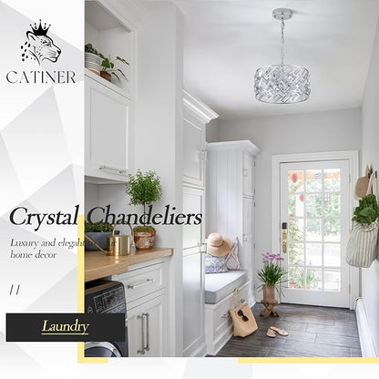 CATINER Chrome Crystal Chandeliers, 4-Light Modern Semi Flush Mount Ceiling Light, D12'' Small Round Crystal Hanging Pendant Light Fixtures for Dining Room Kitchen Island Entryway Hallway
