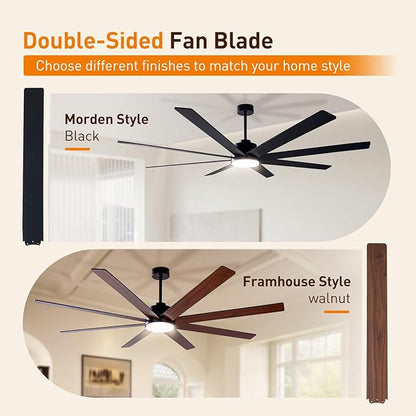Minislak 72Inch Large Black Ceiling Fans with Light and Remote Control,8 Wooden Blades,6-Speed,3CCT,Quiet Reversible DC Motor Indoor Outdoor Ceiling Fan for Patio/Living Room/Garden
