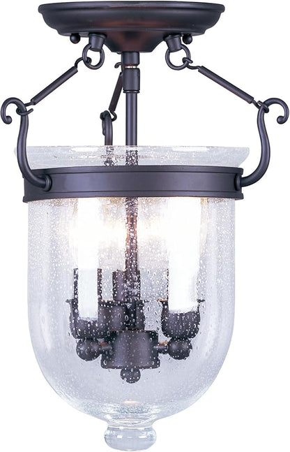 Livex Lighting 5081-07 Jefferson 3 Light Bronze Bell Jar Semi Flush with Seeded Glass
