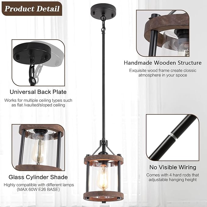 SGLfarmty Farmhouse Pendant Light for Kitchen Island, 1 Pack Rustic Black and Wood Light Fixtures with Glass Shade, Blown Pendant Lamps Over Table, Farmhouse Hanging Light for Dining Room, Sink, Bar