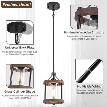 SGLfarmty Farmhouse Pendant Light for Kitchen Island, 1 Pack Rustic Black and Wood Light Fixtures with Glass Shade, Blown Pendant Lamps Over Table, Farmhouse Hanging Light for Dining Room, Sink, Bar