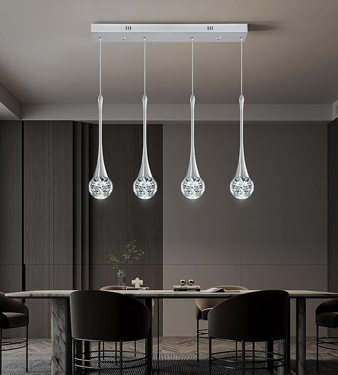 Modern Chrome Crystal Chandelier for Kitchen Island 4-Lights, Luxury Retangular Dimmable LED Bubble Raindrop Pendant Lighting Fixture for Dining Room Foyer Entryway Bedroom