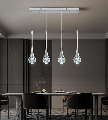 Modern Chrome Crystal Chandelier for Kitchen Island 4-Lights, Luxury Retangular Dimmable LED Bubble Raindrop Pendant Lighting Fixture for Dining Room Foyer Entryway Bedroom