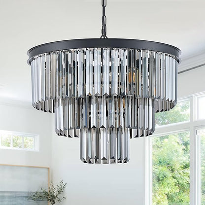 CATINER Modern Smoke Gray Crystal Chandeliers, Black 20” Round Chandelier 3 Tiers 7 Lights Luxury K9 Crystal Ceiling Pendant Light Fixture for Dining Room Foyer Bedroom Closet