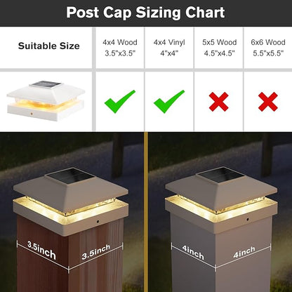 Solar Post Cap Lights Outdoor 8pack, White Waterproof Solar Powered Deck Fence Lights Fit 4x4 Wood/Vinyl Posts, Bright Warm White Solar Fence Cap Decorate Deck, Patio, Porch, Fence