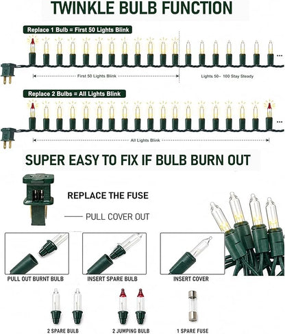 TW SHINE Warm White Christmas Lights Outdoor, 20FT 100 Count Incandescent Christmas Light Indoor, Waterproof Christmas Tree String Lights for Xmas Decorations