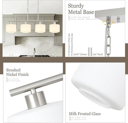 4-Light Brushed Nickel Kitchen Island Lighting, Modern Linear Dining Room Chandelier Light Fixtures with Milk Glass and Chain, Mid Century Hanging Lights for Kitchen Island, OS-YQ8153-4ISBNW