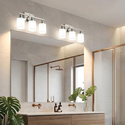 Ascher Bathroom Light Fixtures, 3-Light Vanity Light Over Mirror, Modern Brushed Nickel Wall Sconces with Milky White Shades, Wall Lamp for Kitchen Hallway Cabinet Porch E26 Base