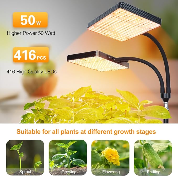 FECiDA 2026 2Head Grow Lights with Upgraded Stand, Big Coverage Grow Lights for Indoor Large Plants, Bonsai Tree, 4/8/12/16/20 Hr Timer, 50 Watt Power Draw, NO Need Adapter, 24"-76" Height Adjustable