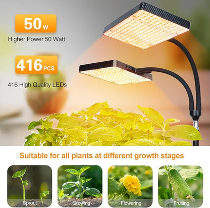 FECiDA 2026 2Head Grow Lights with Upgraded Stand, Big Coverage Grow Lights for Indoor Large Plants, Bonsai Tree, 4/8/12/16/20 Hr Timer, 50 Watt Power Draw, NO Need Adapter, 24"-76" Height Adjustable