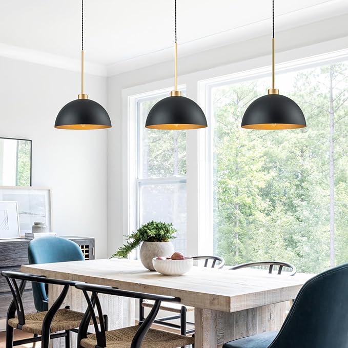 2 Pack Farmhouse Kitchen Island Pendant Lights, Black and Gold Dome Pendant Light Fixture with Metal Shade, Industrial Hanging Lighting for Dining Room Entryway Foyer, Height Adjustable