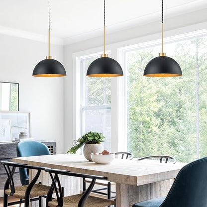 2 Pack Farmhouse Kitchen Island Pendant Lights, Black and Gold Dome Pendant Light Fixture with Metal Shade, Industrial Hanging Lighting for Dining Room Entryway Foyer, Height Adjustable