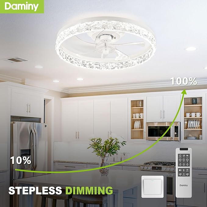 DAMINY Ceiling Fans with Lights and Remote, 6CCT,Dimmable Low Profile Ceiling Fan with Light, Flush Mount Bladeless Ceiling Fan,6 Speeds,20 inch Black Modern
