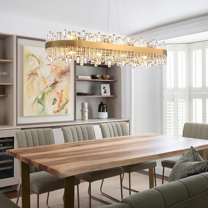 L52'' Modern Crystal Chandelier for Dining Room, 20-Light Gold Rectangular 2-Tiers K9 Crystal Raindrop Chandelier Flush Mount Pendant Ceiling Light for Dining Living Room Kitchen Island