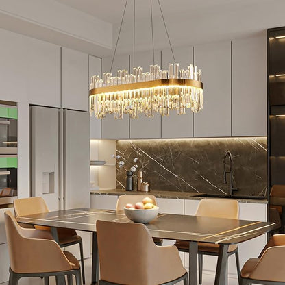 Gold Modern Crystal Led Chandelier: 39.3" Dimmable K9 Crystals Chandeliers over Table - Golden Luxury Glass Rectangle Chandelier - Height Adjustable Chandeliers with Remote for Dining Room Living Room