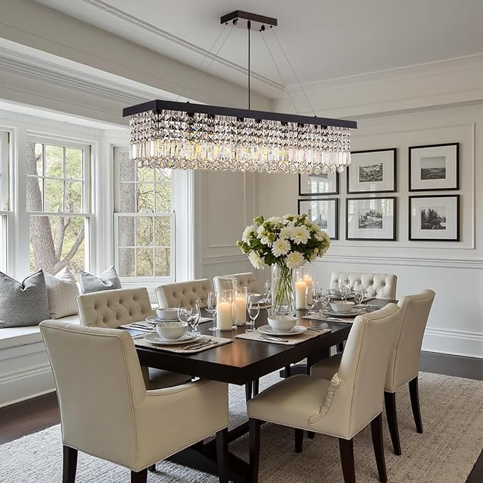 Black Modern Crystal Chandeliers for Dining Room Kitchen Island Light Fixture, 8-Light Rectangle Chandelier for Living Room, L39.4 Inch
