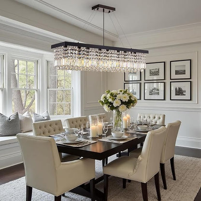 Black Modern Crystal Chandeliers for Dining Room Kitchen Island Light Fixture, 8-Light Rectangle Chandelier for Living Room, L39.4 Inch