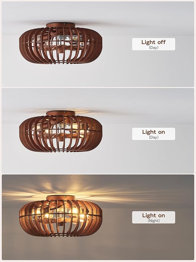 20" Wood Ceiling Fans with Lights Flush Mount, Caged Farmhouse Rustic Ceiling Fan with Light Remote Control, Wooden Low Profile for Bedroom, Living Room, Nursery