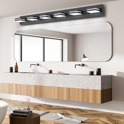 SineRise LED Modern Bathroom Vanity Light Fixtures (6-Light, 48-Inch), Matte Black Modern Acrylic Bathroom Wall Lighting Fixtures Over Mirror (Cool White 6000K)