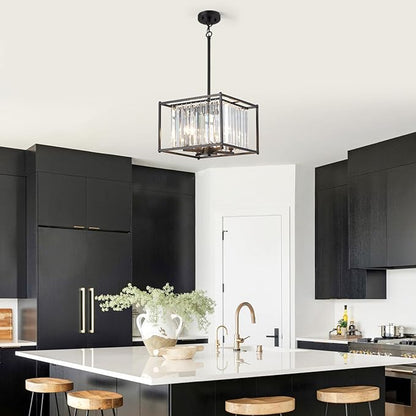 Square Small Crystal Chandeliers for Dining Room, 4-Light Black Pendant Ceiling Light Fixture 13" Mini Modern Farmhouse Adjustable Hanging Lamps for Bedroom Entryway Hallway